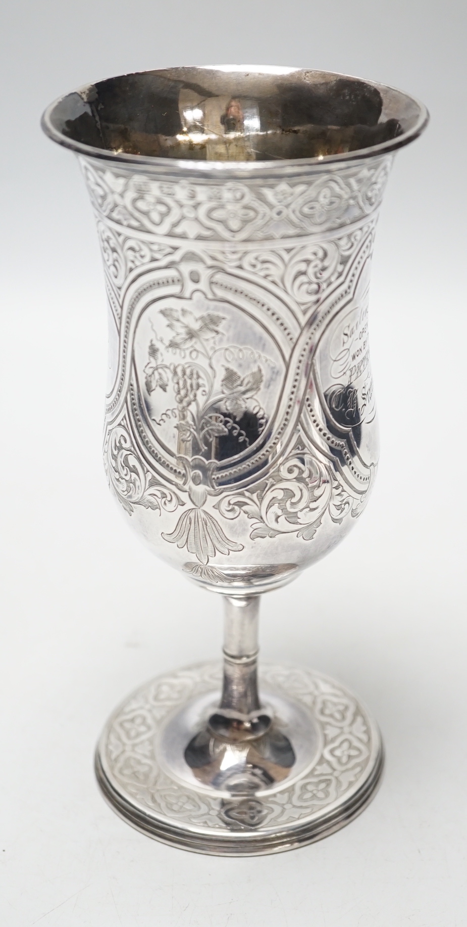 A Victorian silver engraved presentation trophy cup, IH, Sheffield, 1860, 19.1cm, 8.4oz.